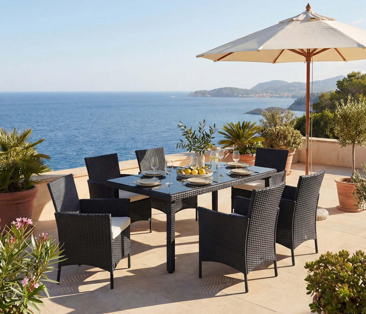 POLY-RATTAN-GARNITUR Anthrazit, Cremeweiß - Anthrazit/Weiß, Kunststoff - MCW