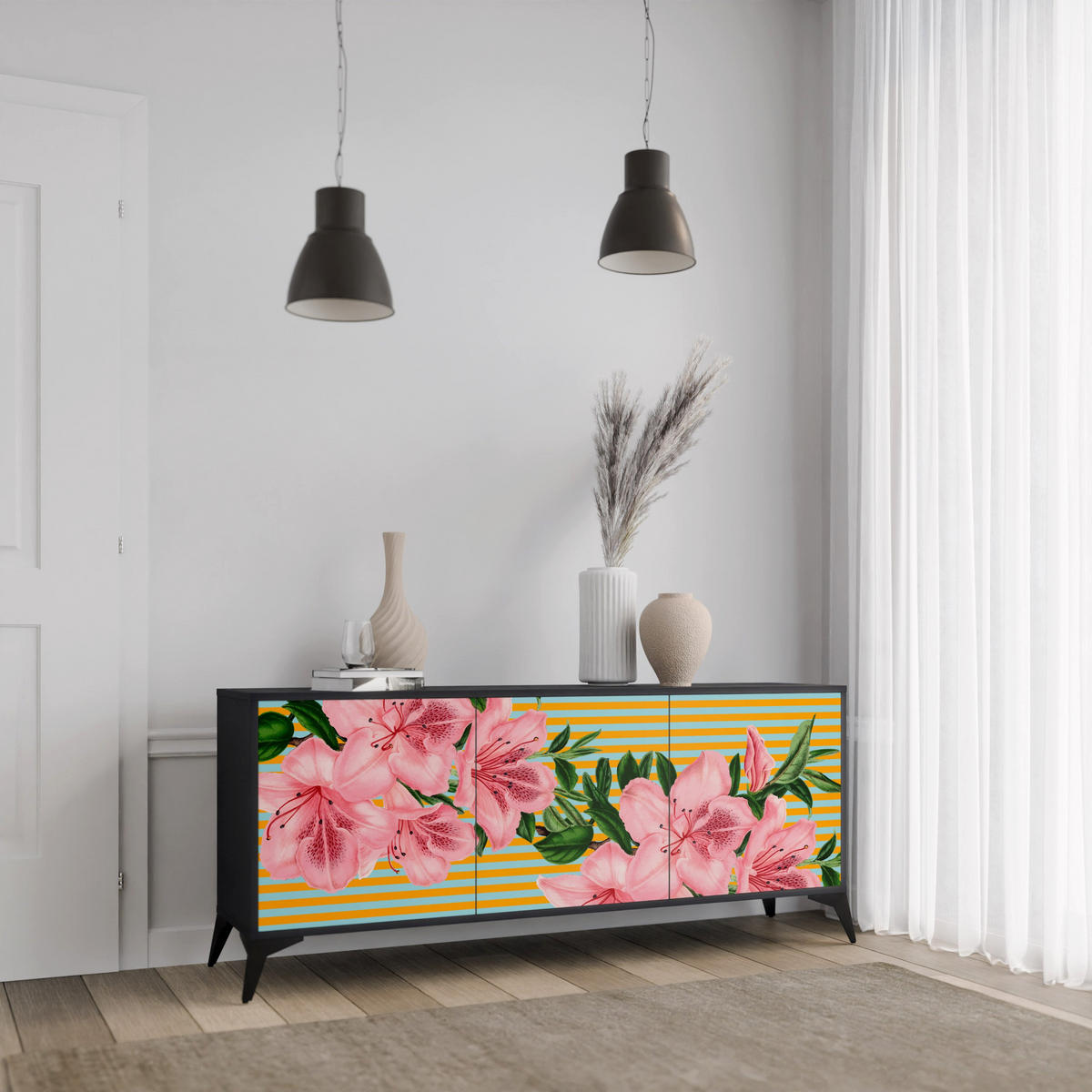 SIDEBOARD FRAGILE BEAUTY, Eicheneffekt, 164,5x42x77,5 cm, 3 Türen - Eichefarben/Buchefarben, Holzwerkstoff/Buchenholz (164.5/77.5/42cm) - SpaceRebels