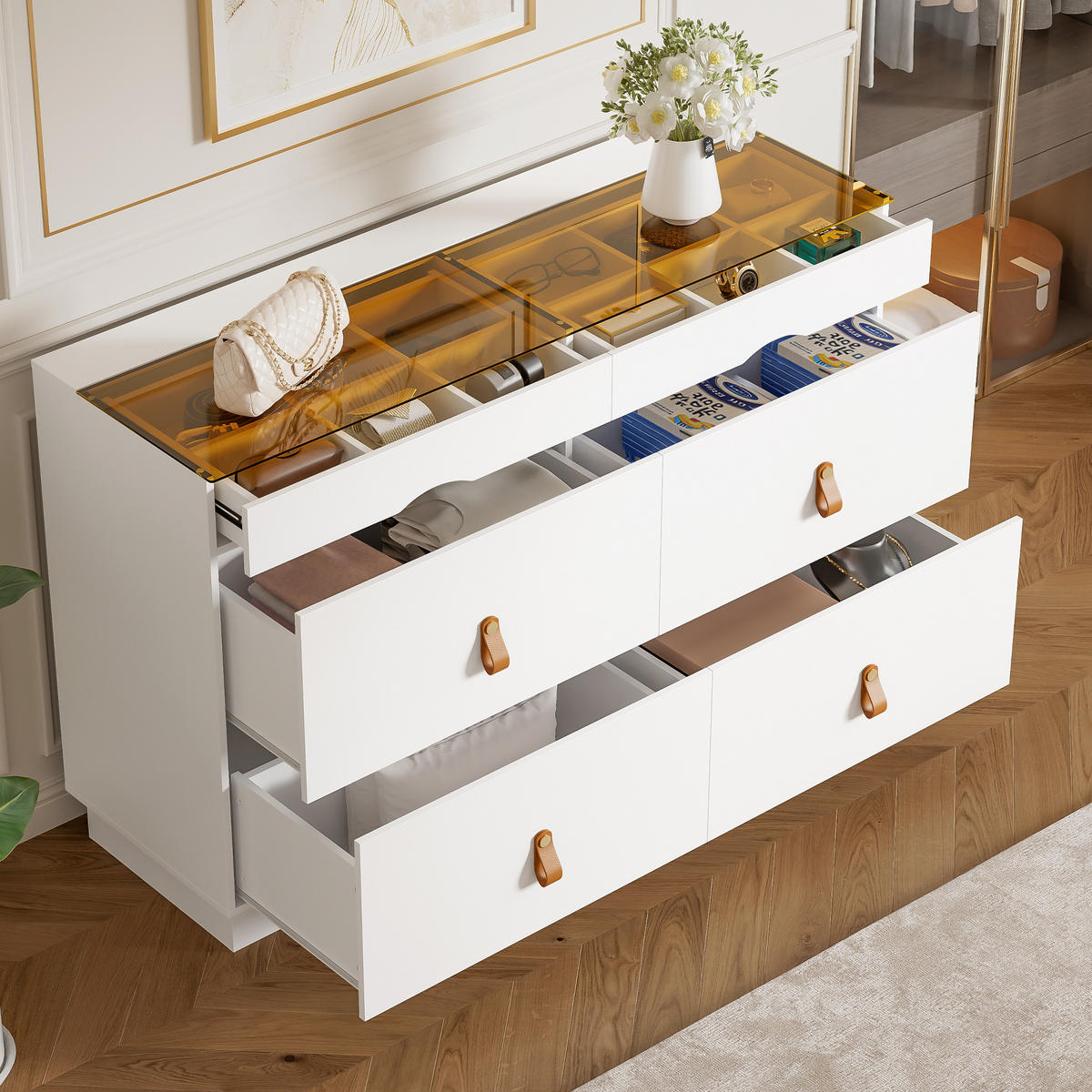 SIDEBOARD aus Glas und Spanplatte 120x40x78 cm Weiß mit 6 Schubladen, Facheinteilung und Kippsicherung - Weiß, Glas (120/78/40cm) - Modfu