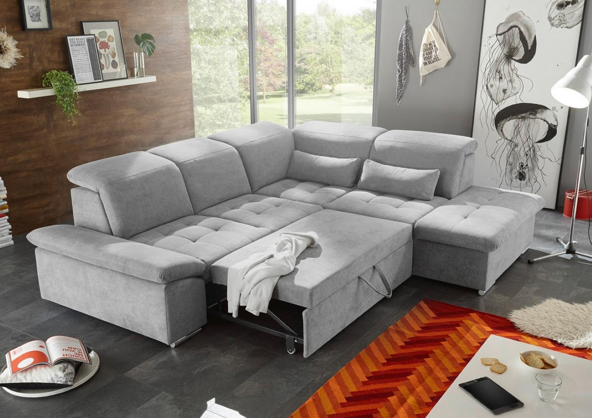 ECKSOFA mit Schlaffunktion mit Bettkasten und verstellbaren Kopf- und Rückenlehnen - Chromfarben/Silberfarben, Textil (240/276cm) - ed exciting design