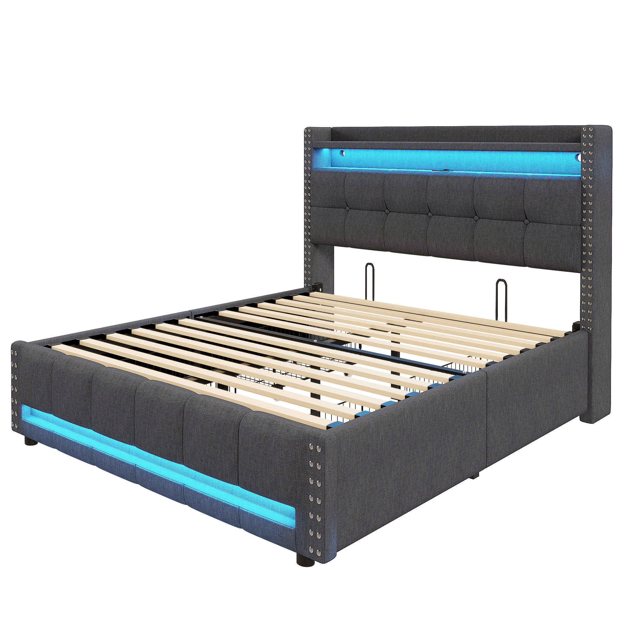 POLSTERBETT 140/200 cm DE-01932, in Grau, mit LED, USB, Ablagen und 4 Schubladen - Grau, Metall (140/200cm) - ComfortXL