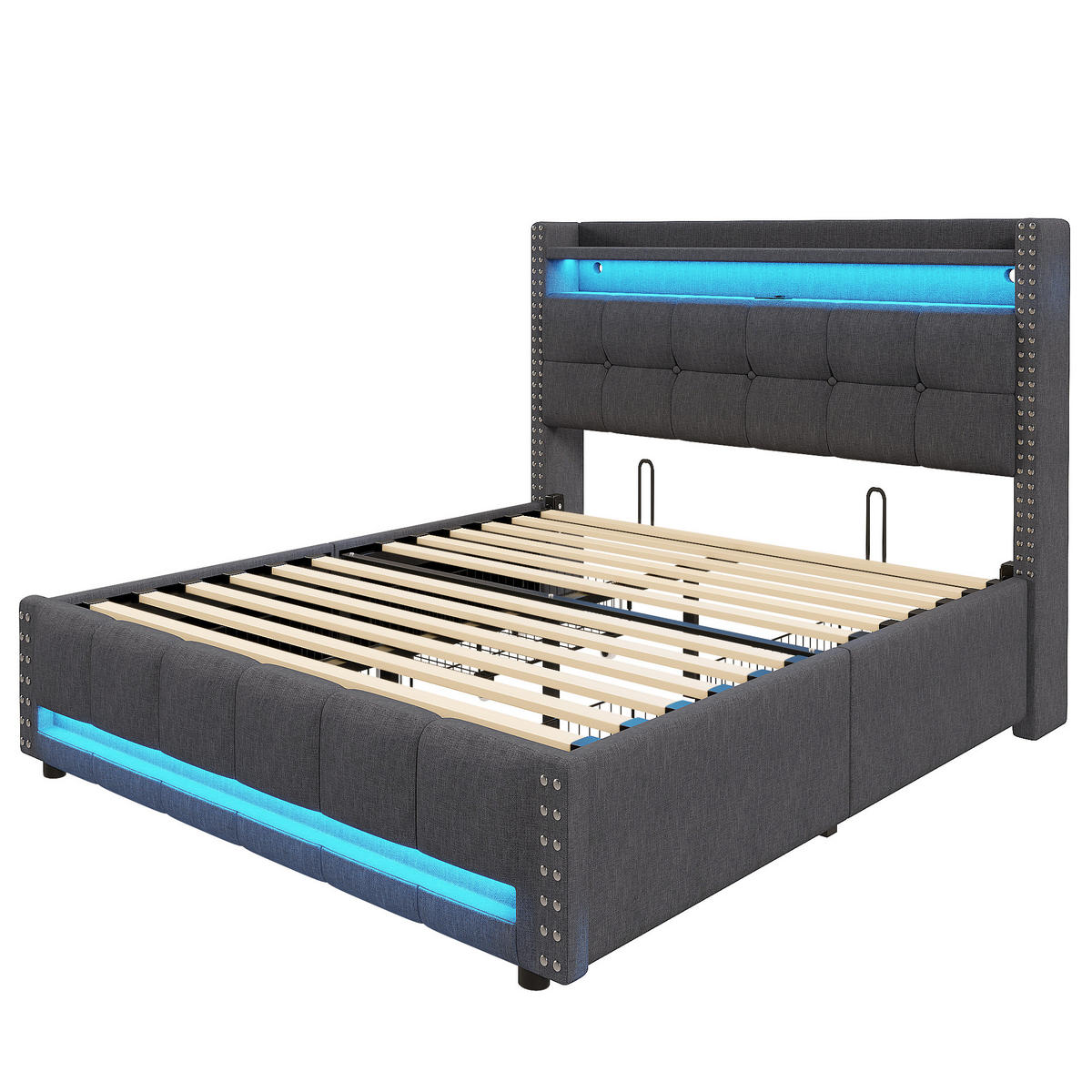 POLSTERBETT 140/200 cm grau mit LED-Beleuchtung und USB-Steckdose - Grau, Textil (140/200cm) - OKWISH