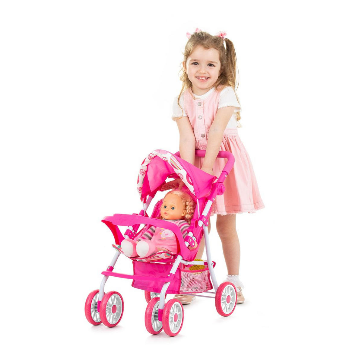 PUPPENWAGEN Dolly rosa Korb, Frontbügel, Fußstütze, Griff verstellbar, faltbar, ab 3 Jahren - Rosa, Metall (33/58/54cm) - Chipolino