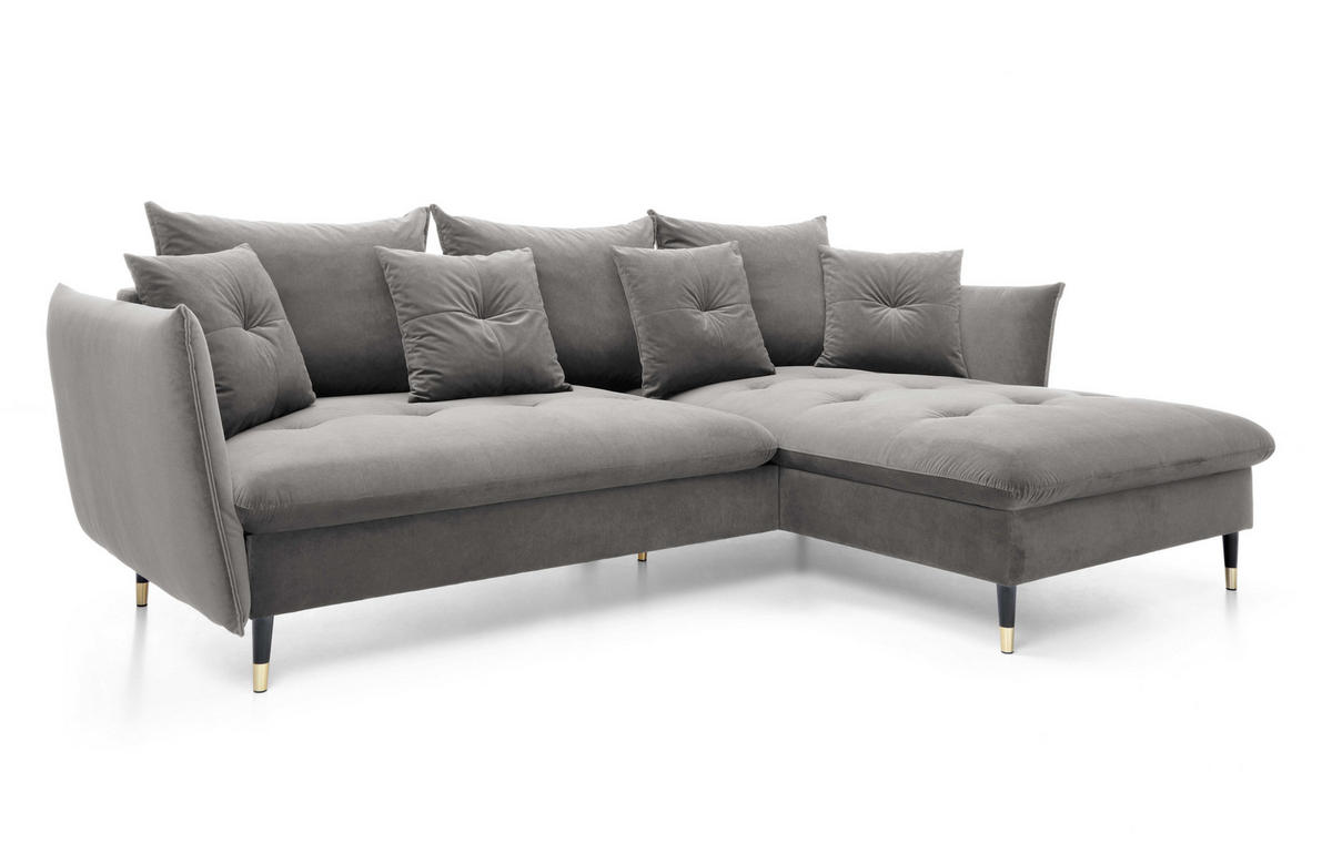 ECKSOFA GLAM mit Schlaffunktion, Ottomane & goldenen Füßen – Samtsofa im Glamour-Stil mit Zierkissen, 258x167x91 cm, rechte, grau​ - Grau, Holz/Textil (258/167cm) - DomoHome