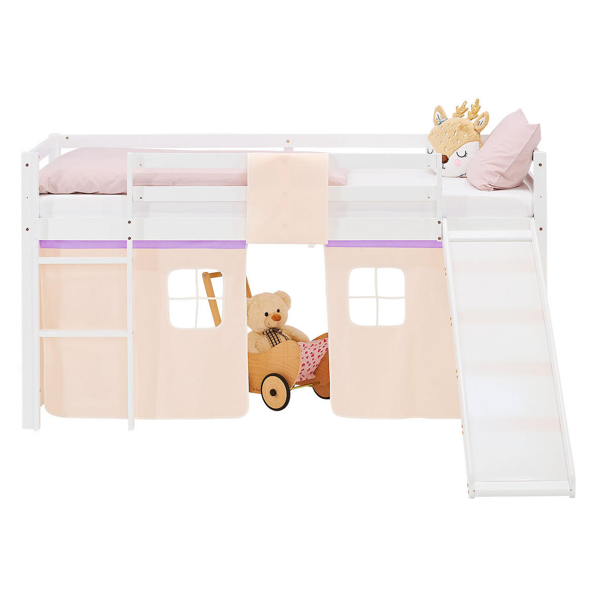 HOCHBETT 90/200 cm in weiß Rutsche Bettvorhang peach Matratze - Lila/Weiß, Holz/Textil (90/200cm) - Homestyle4u