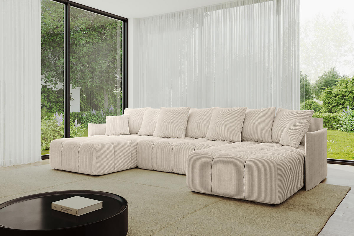 WOHNLANDSCHAFT LONLI-U 355x189x68 Beige Cord - Beige, Holzwerkstoff/Kunststoff (355/68/189cm) - ALTDECOR