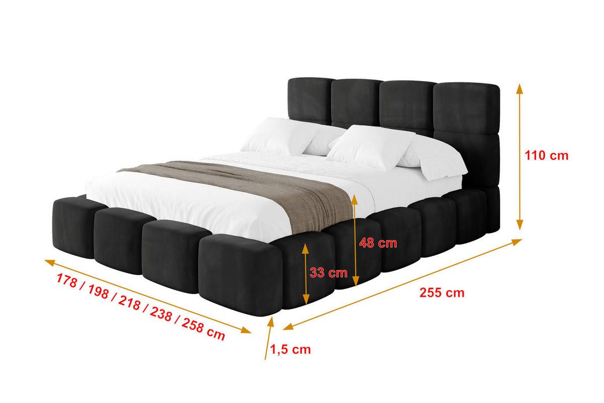 POLSTERBETT mit Bettkasten und Lattenrost, Bett mit Kopfteil, Boxbett ohne Matratze, Doppelbett mit Stauraum - NATA 120x200 Schwarz - Schwarz Hochglanz, Holzwerkstoff/Textil (120/200cm) - ALTDECOR