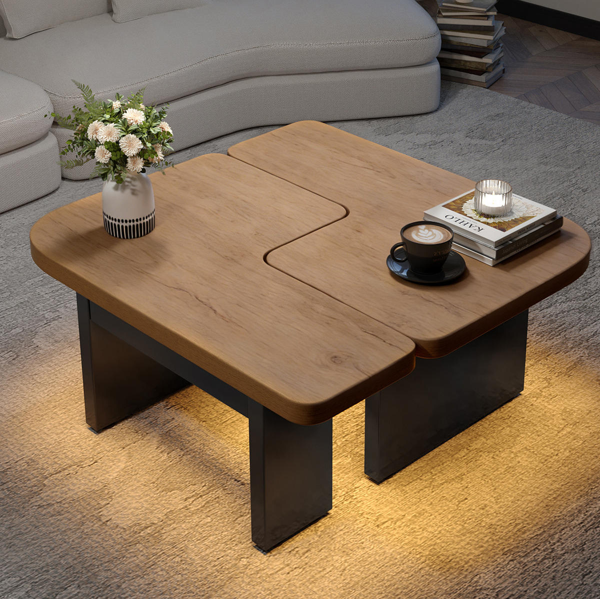 COUCHTISCH 90/60/44,5 cm natur aus MDF mit LED und 2 Schubladen - Naturfarben, Holzwerkstoff (90/60/44.5cm) - OKWISH