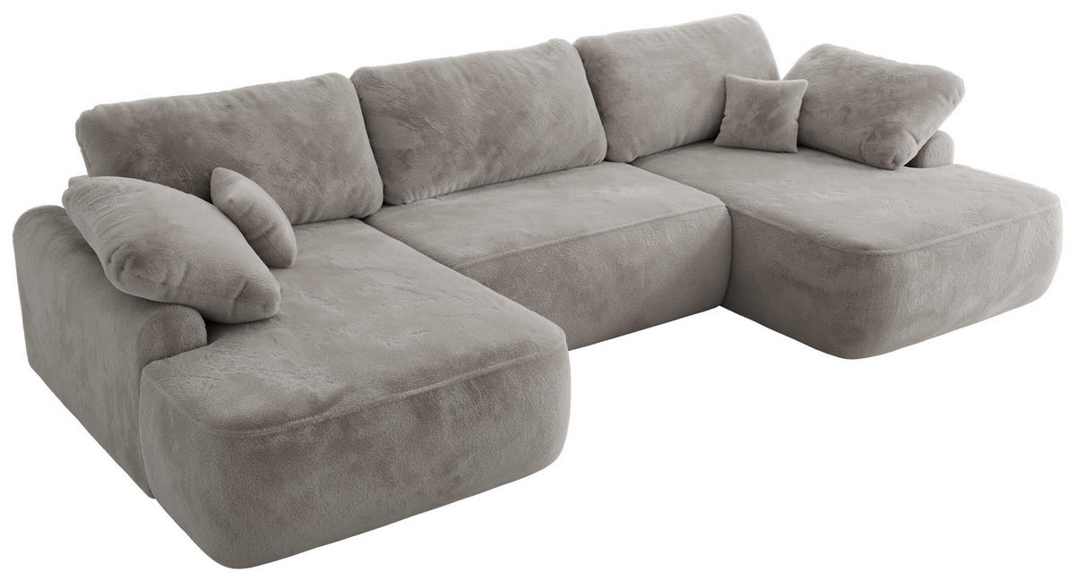 WOHNLANDSCHAFT CUBO U Hellgrau Plüsch - Hellgrau/Schwarz, Kunststoff/Textil (370/100/187cm) - MKS