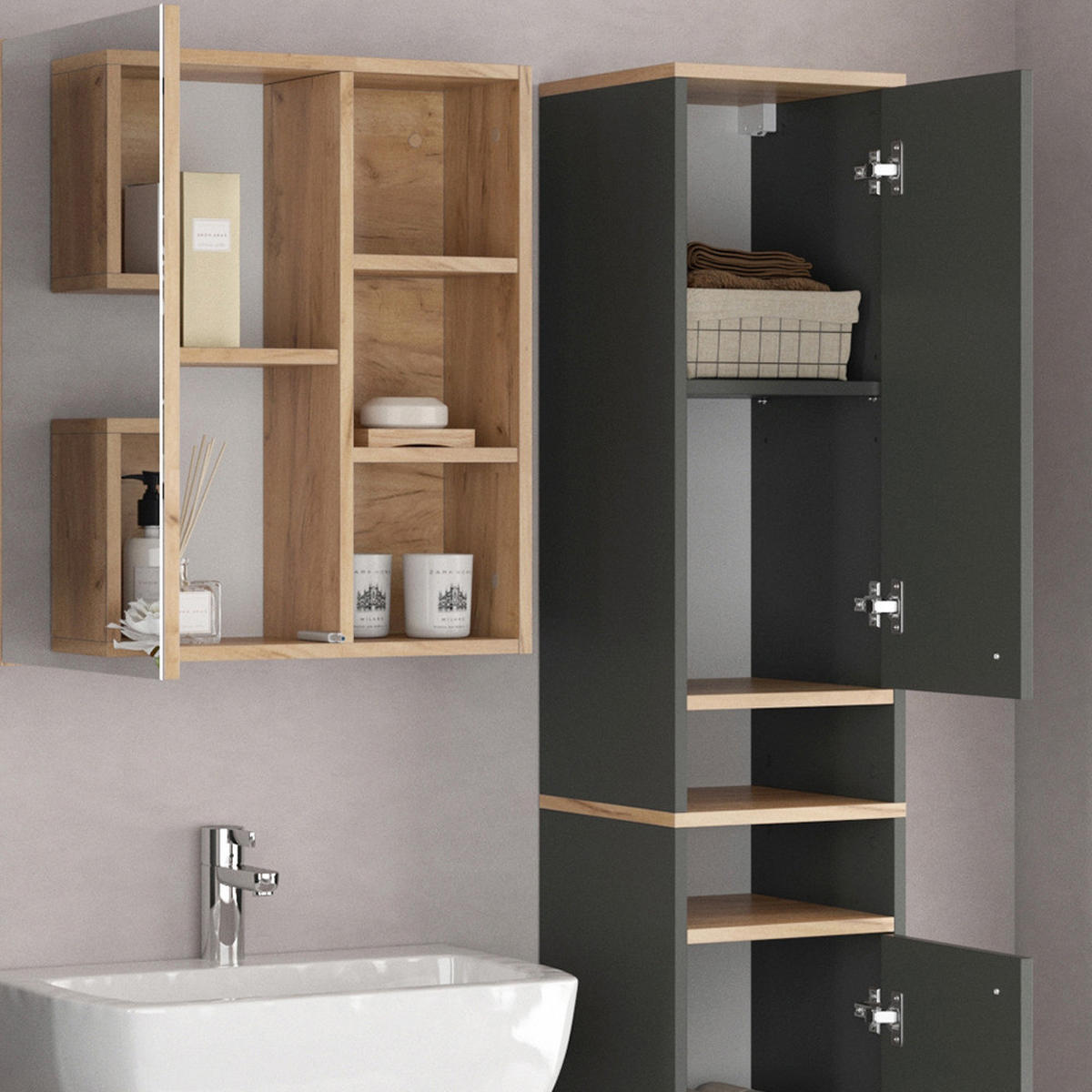 BADSCHRANK Senyo Anthrazit 30 x 174 cm - Anthrazit, Holzwerkstoff (30/174/30cm) - Vicco