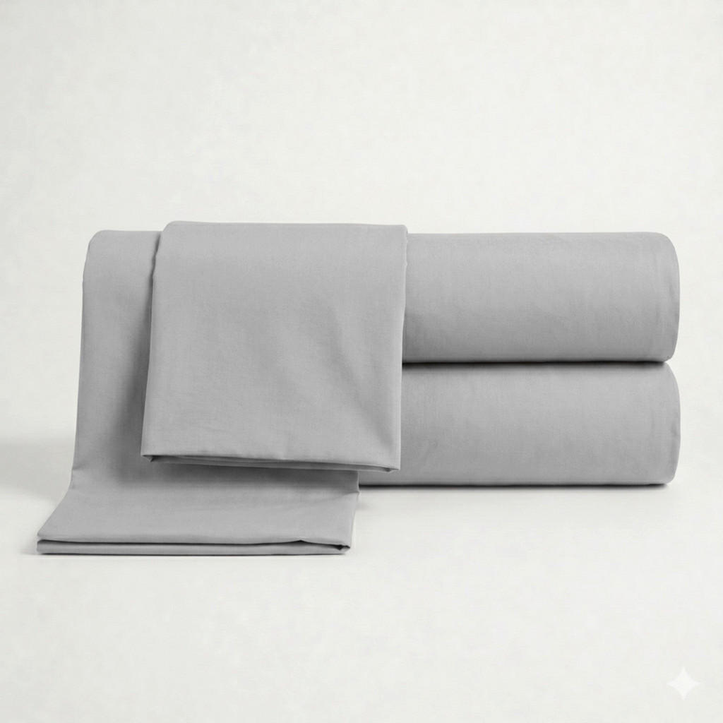 SET lenjerie de pat din bumbac Percale 200 TC Gri deschis ; Cearceaf plat 160x295 cm, cearceaf cu elastic 90x200 cm și 1 față de pernă