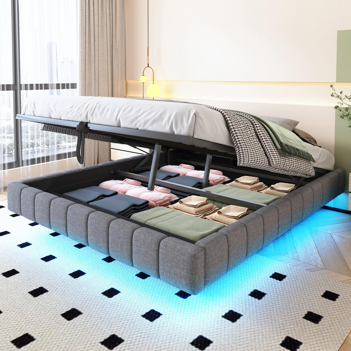 POLSTERBETT 160/200 cm Grau mit Stauraum und LED-Beleuchtung - Grau, Textil (160/200cm) - Flora Grace