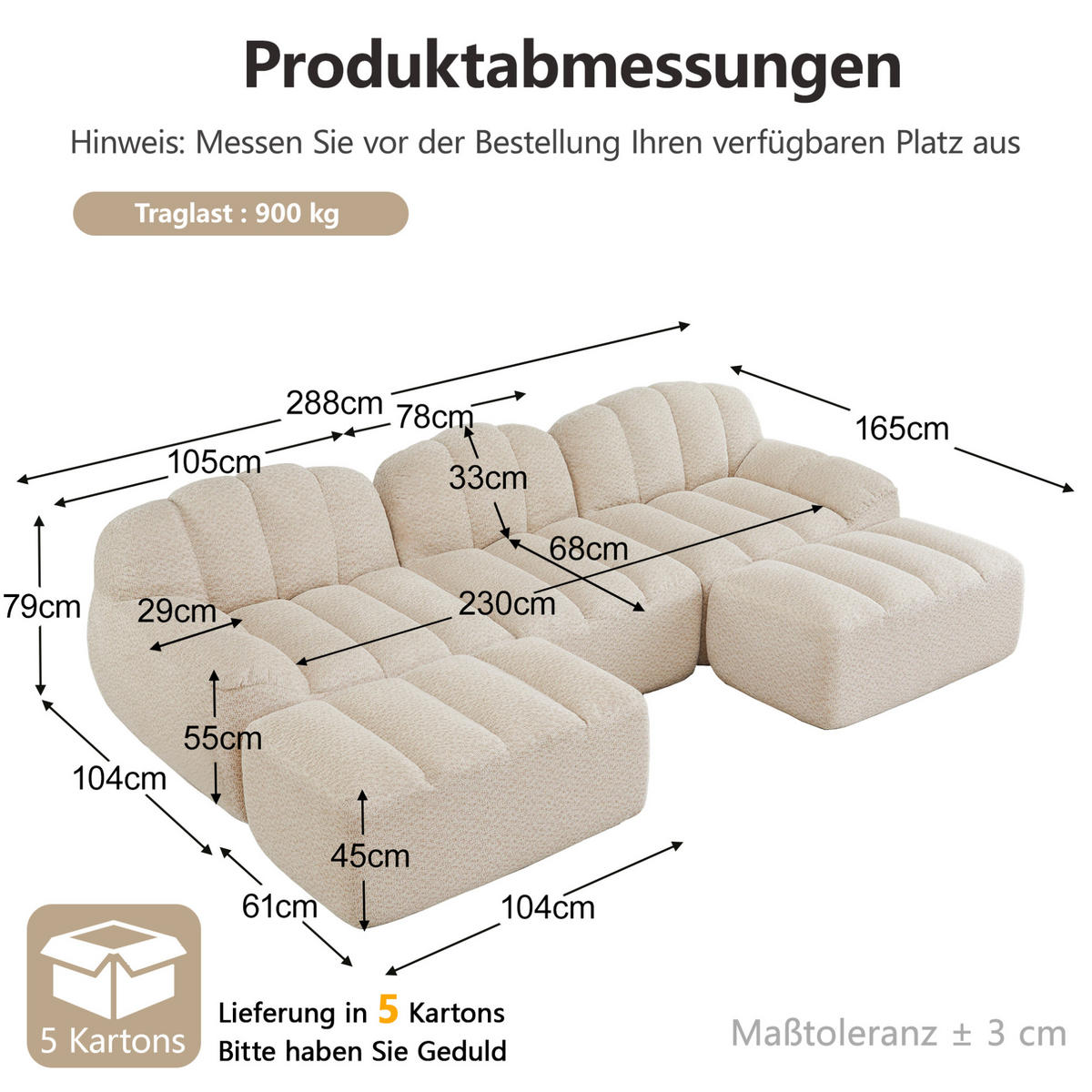 MODULARES Sofa aus granuliertem Fleece in Beige-Weiß 288x165x79 cm mit Ottoman und flexibler Aufstellung - Creme, Textil (165/288cm) - IVMEU