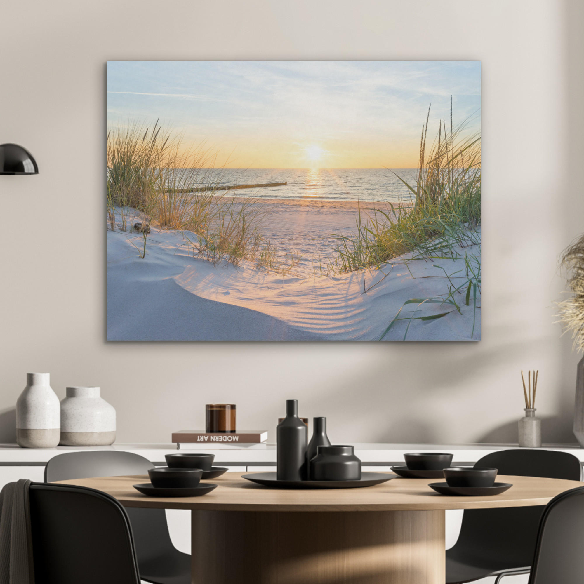 AKUSTIKPANEEL Strand - Sonne - Düne - Gras - Sand - Horizont 80x60 cm - Hellblau, Textil (80/0.9/60cm) - MuchoWow