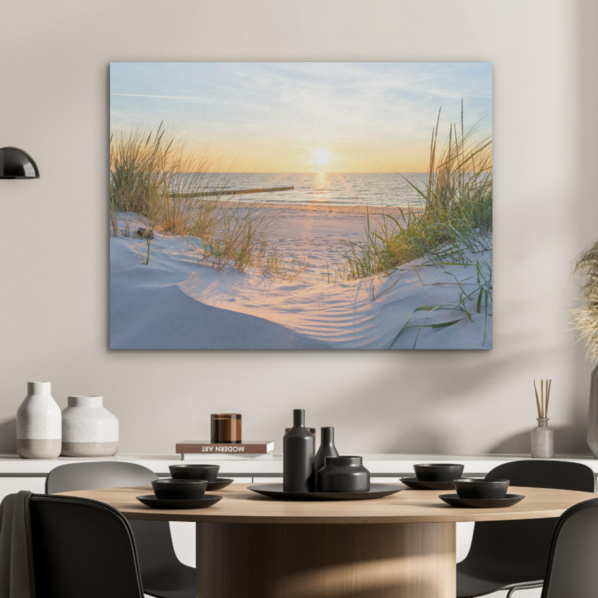 AKUSTIKPANEEL Strand - Sonne - Düne - Gras - Sand - Horizont 80x60 cm - Hellblau, Textil (80/0.9/60cm) - MuchoWow