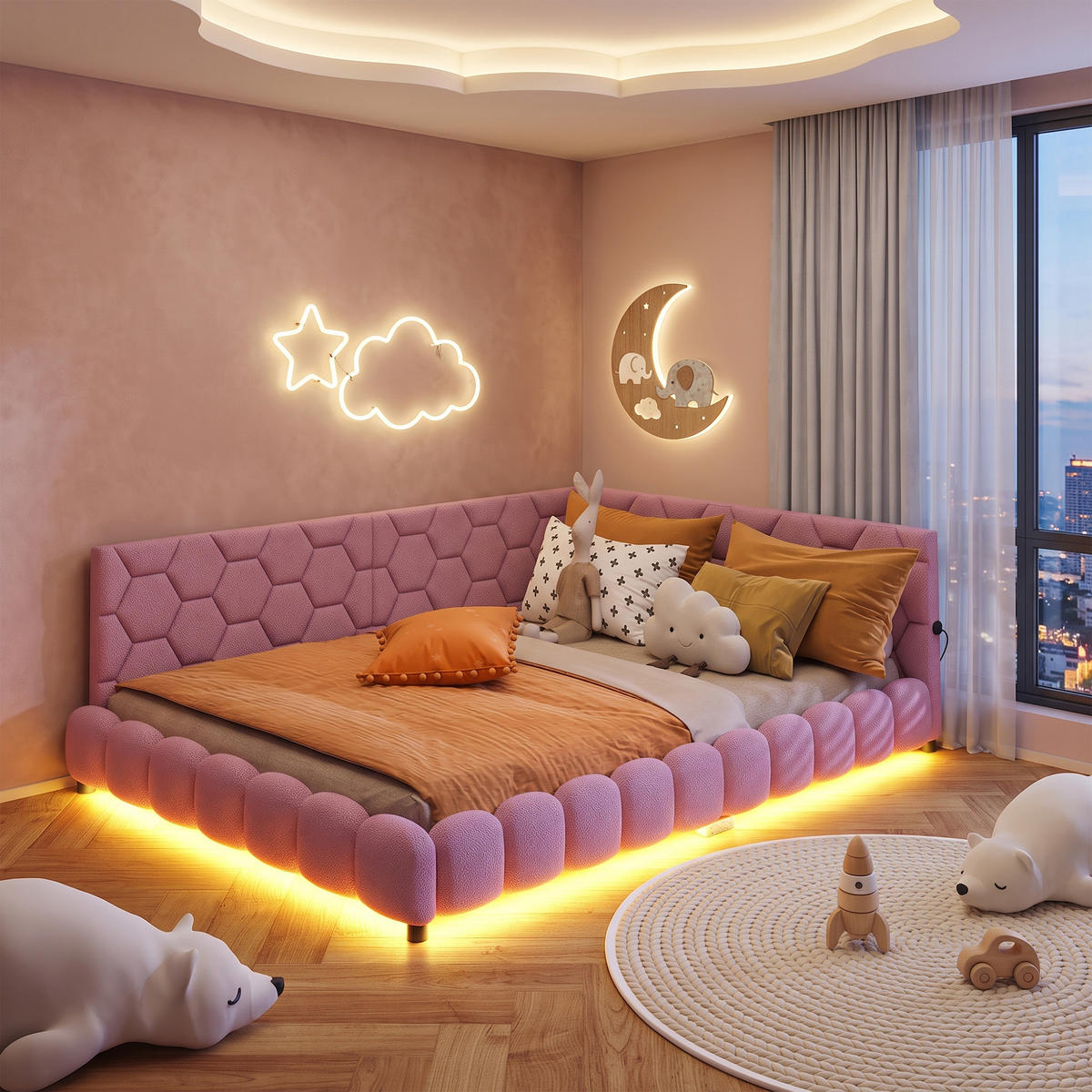 POLSTERBETT 140x200 mit USB und LED, Doppelbett 140x200 cm mit Lattenrost, Jugendbett, Samt, Rosa - Pink, Holz/Textil (140/200cm) - GENKI LIVING