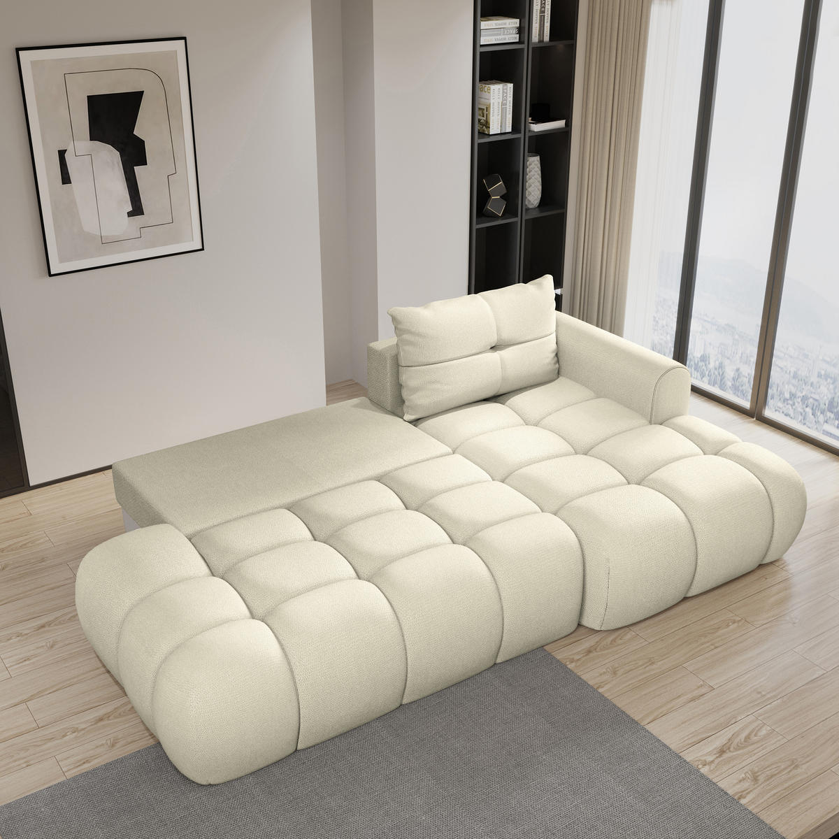 ECKSOFA FLUMA R-S Creme Geflochtener Stoff mit Schlaffunktion - Creme, Holz (274/165cm) - MASSENO