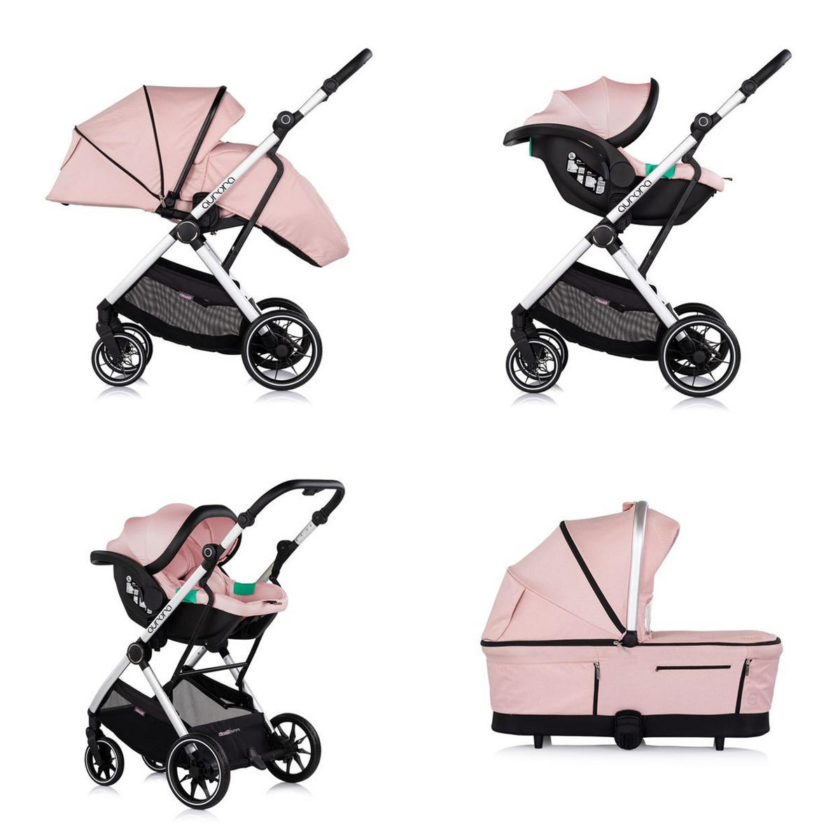 KOMBIKINDERWAGEN Aurora 3 in 1 rosa Babyschale Babywanne Sportsitz Tasche - Rosa, Metall (84/57/112cm) - Chipolino