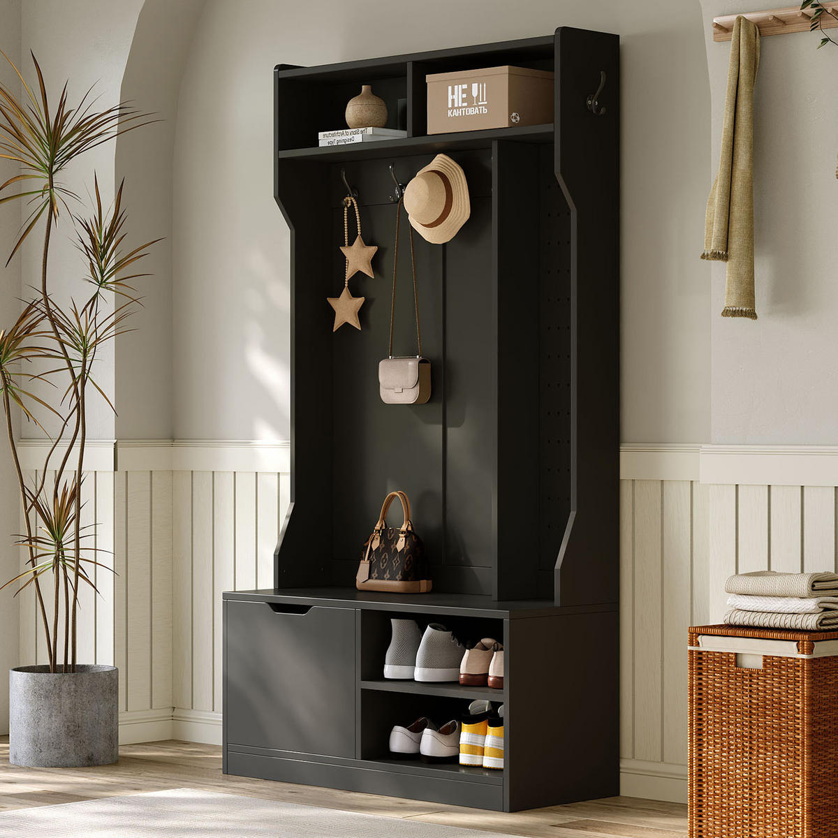 GARDEROBENSET Flurgarderobe mit Sitzbank 6 Haken Schwarz 100x40x185.5cm - Schwarz, Holzwerkstoff (185.4/40/100cm) - FLIEKS