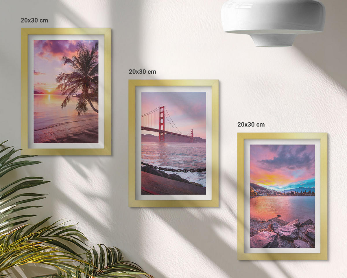 WANDBILDER 3er Set - 20x30 cm Goldrahmen - Sonnenuntergangsbrücke Landschaft - Goldfarben, Kunststoff (20/30cm) - ArtPrintCave