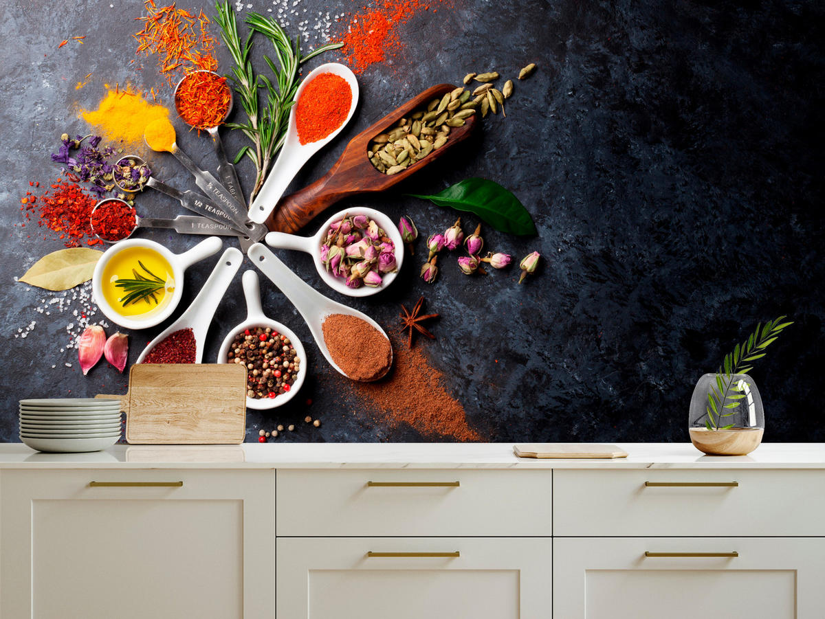 FOTOTAPETA Pre Kuchyňu Orientálne Bylinky Korenie Lyžice 150 x 105 cm - oranžová/hnedá, papier (150/105cm) - Muralo