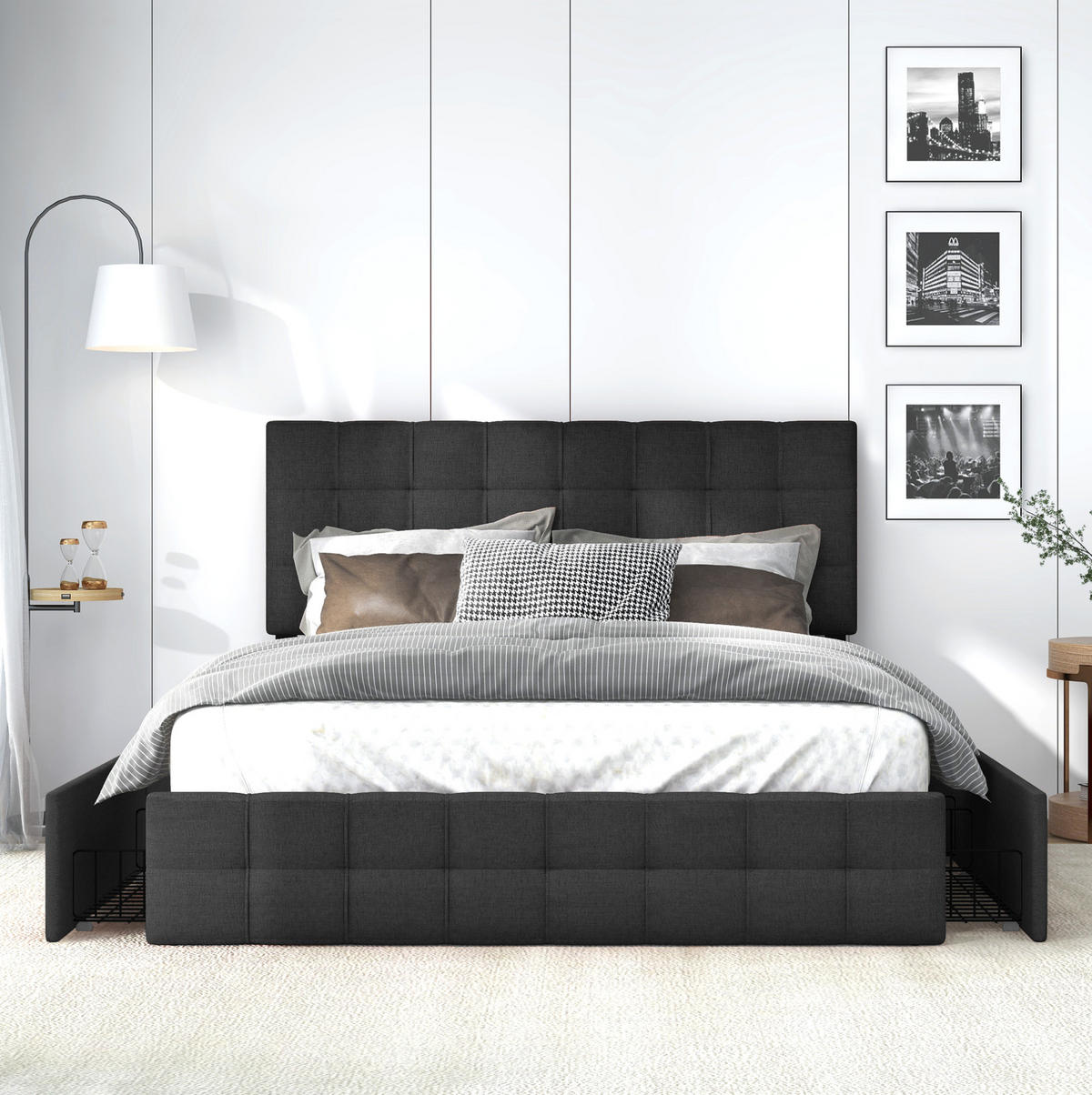 POLSTERBETT aus Leinen 140x200 cm Schwarz mit 4 Schubladen und höhenverstellbarem Kopfteil - Schwarz, Textil (140/200cm) - IVMEU