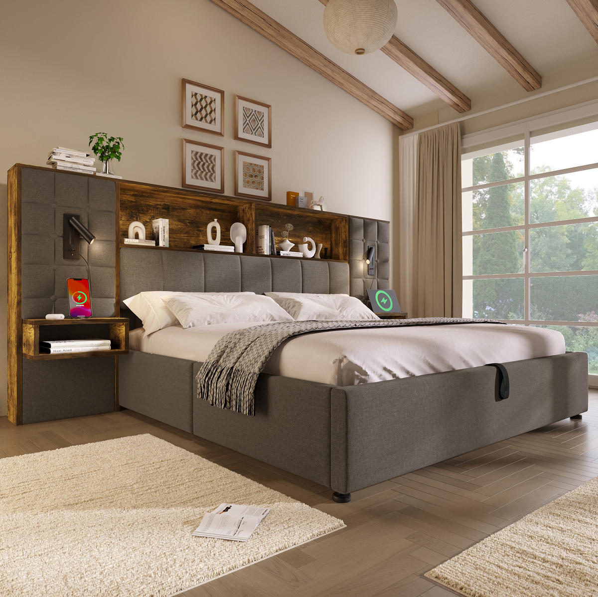 BETT mit Stauraum 160x200 cm Leinen Grau mit 2 Nachttischen - Grau, Metall (160/200cm) - Meubliv