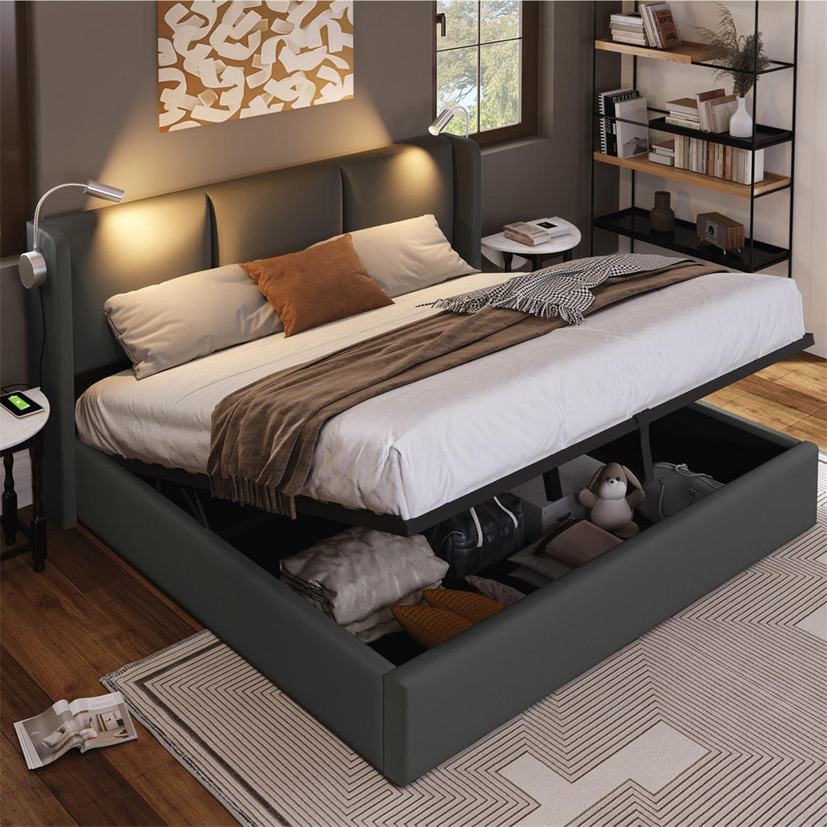 POLSTERBETT 140/200 cm in Grau PU mit mit USB Ladefunktion Kopfteil - Grau, Holz/Textil (140/200cm) - KOMHTOM