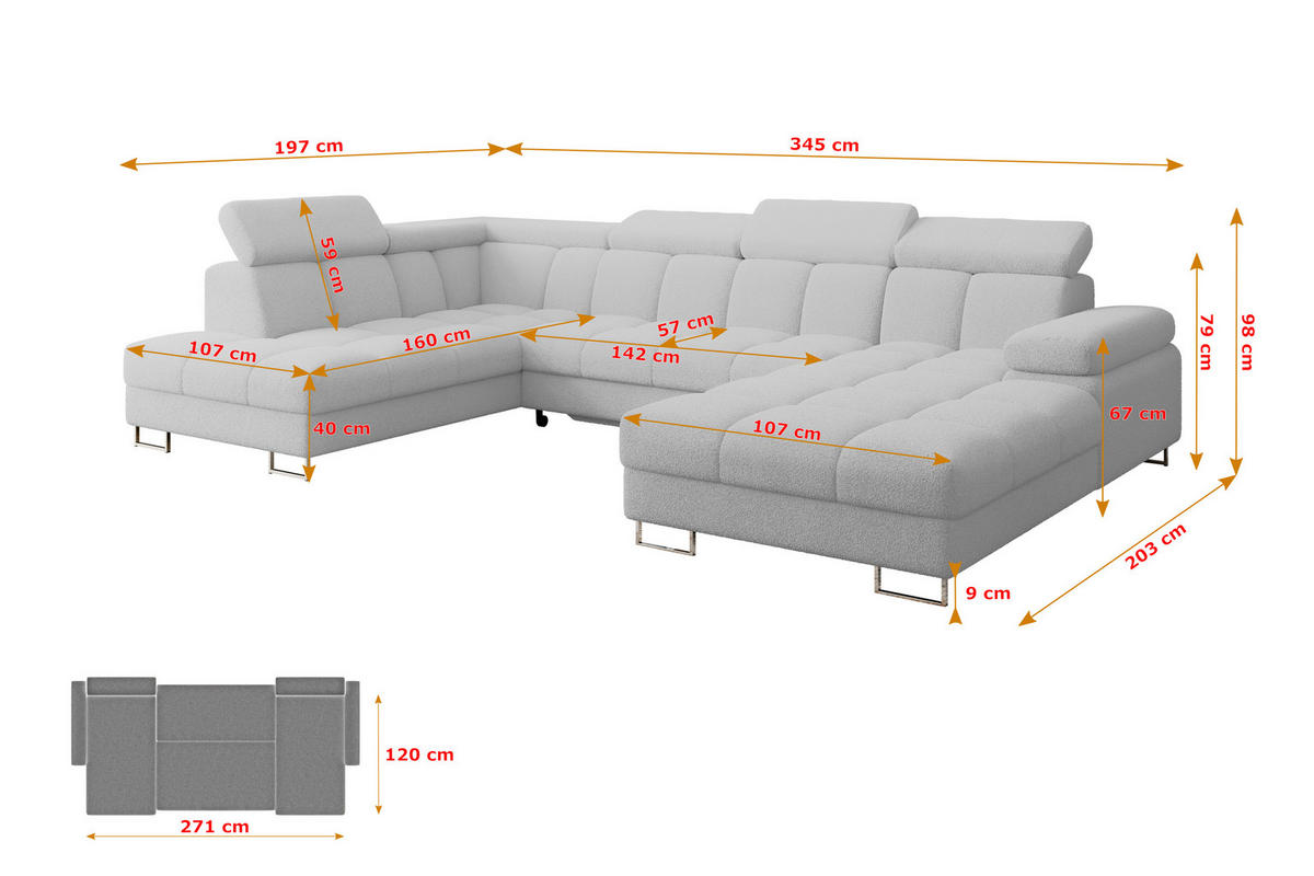 WOHNLANDSCHAFT mit Schlaffunktion und Bettkasten Ottomane Links COMA U 345x203x79 Hellgrau Bouclé - Edelstahlfarben, Holzwerkstoff/Textil (345/79/203cm) - ALTDECOR