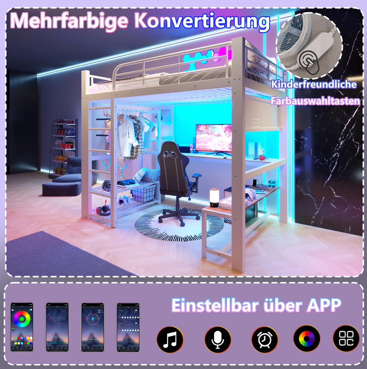 HOCHBETT 140/200 cm mit LED-Beleuchtung, Schreibtisch, Stauraumtreppe und Lochplatte, Weiß - Weiß, Metall (140/200cm) - Redom