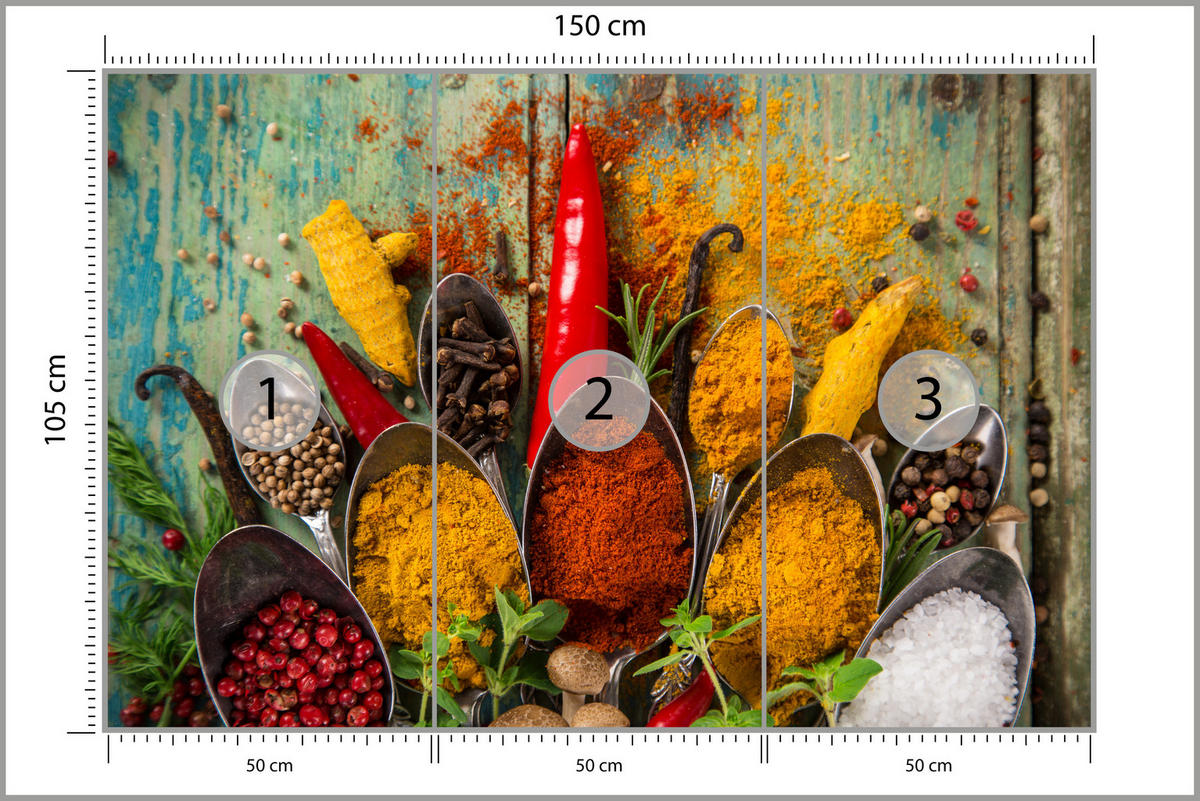 FOTOTAPETE für Küche Gewürze Holz Rustikal Paprika Ingwer 150x105 - Türkis/Blau, Papier (150/105cm) - Muralo