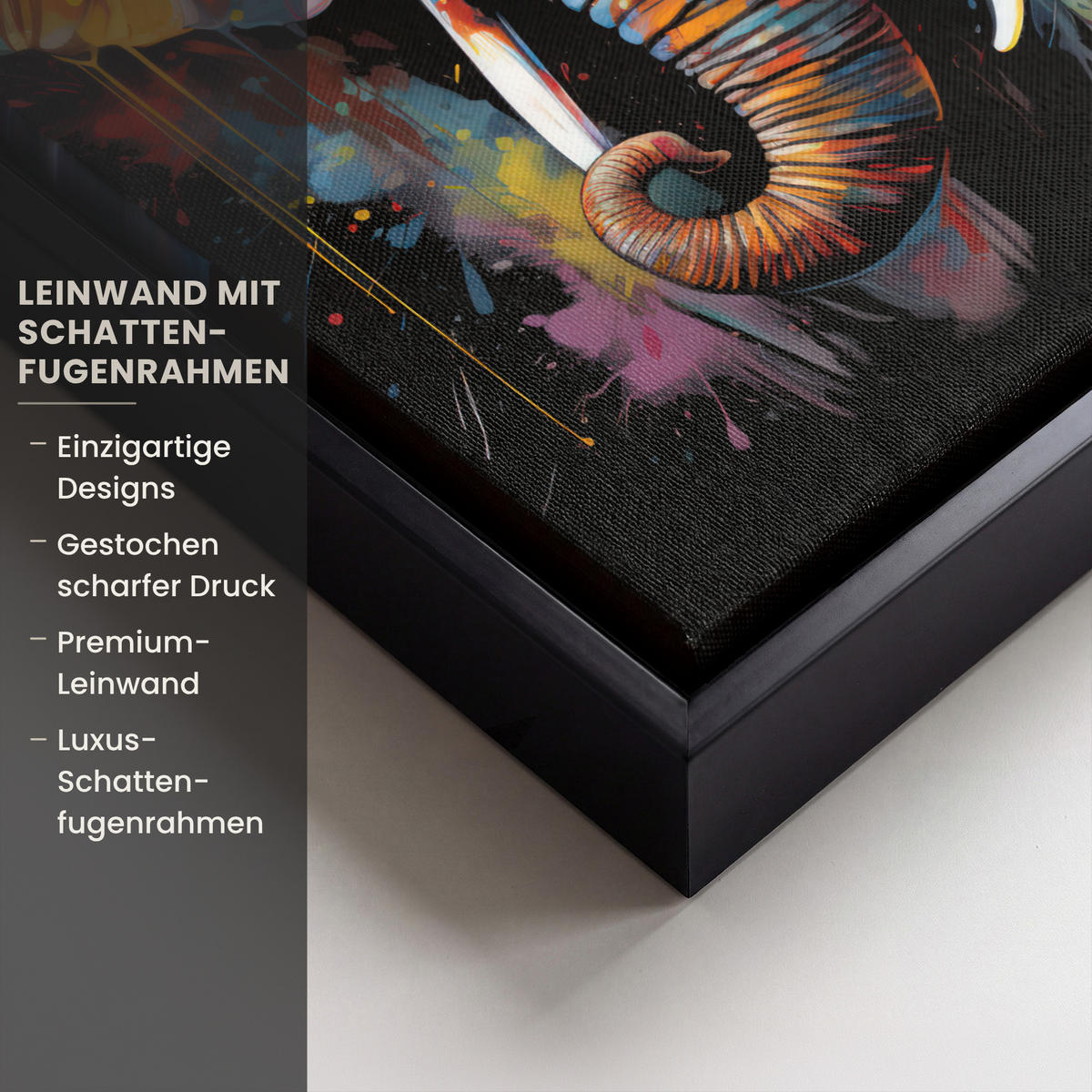 LEINWAND Bilder mit Rahmen - Elefant - Graffiti - Schwarz - Tiere - Farben - 20x30 - Schwarz, Textil (20/30cm) - MuchoWow