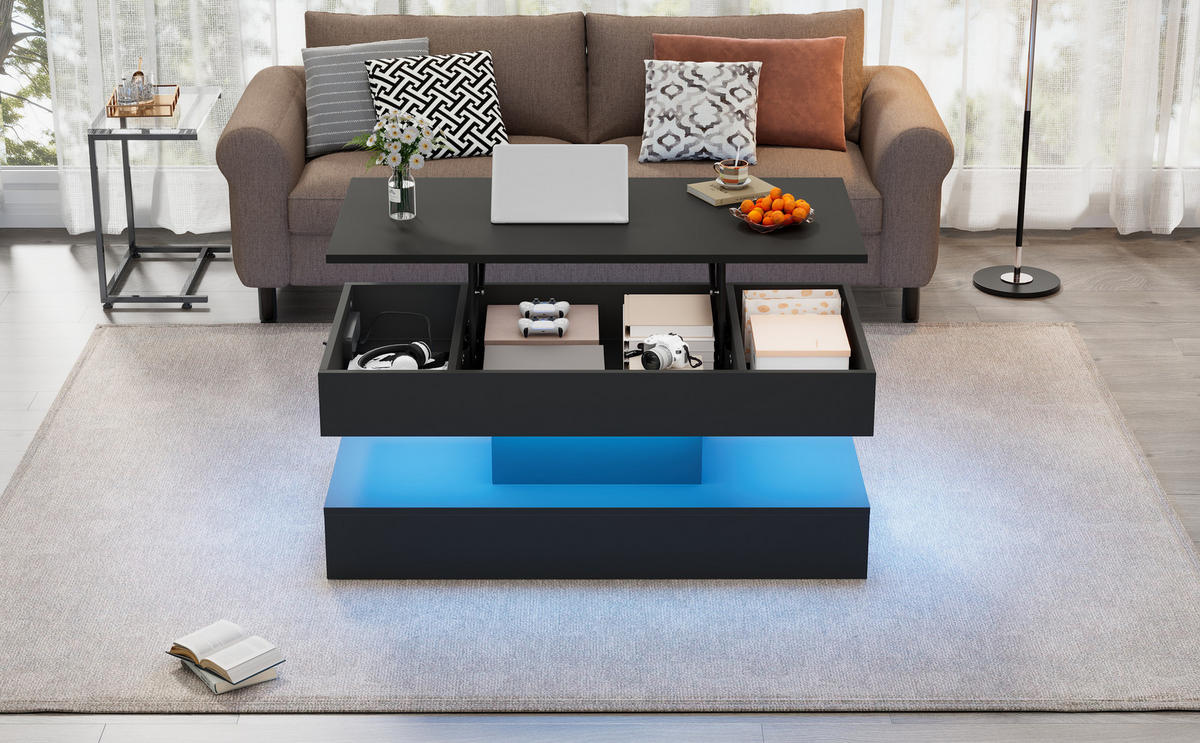 COUCHTISCH Schwarz 100/50/42 cm mit Hebefunktion, LED-Beleuchtung und Steckdosen - Schwarz, Holzwerkstoff (50/100/42cm) - PANGIVO