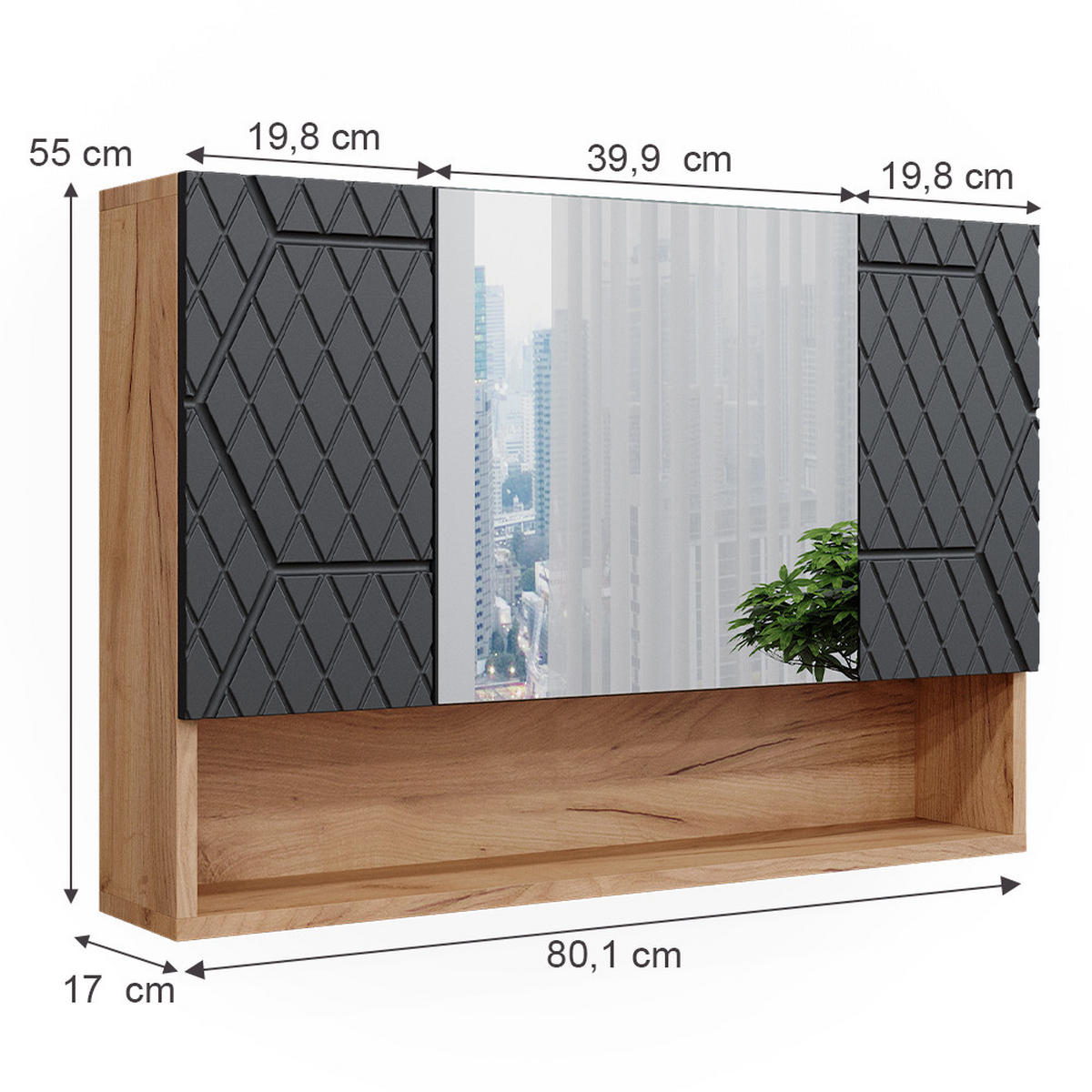 BADSPIEGELSCHRANK Irma Goldkraft Eiche 80.1 x 55 cm - Anthrazit/Eiche Wotan, Holzwerkstoff (80.1/55/17cm) - Vicco