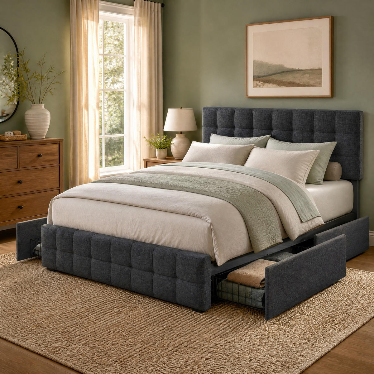 ČALOUNĚNÁ POSTEL 140/200 cm v šedé barvě se 4 zásuvkami a nastavitelným čelem - šedá, kov/kompozitní dřevo (140/200cm) - CHICFURN