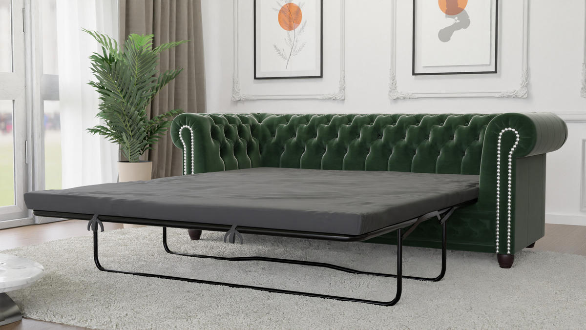 CHESTERFIELD-SOFA 3-Sitzer mit Schlaffunktion Nyx Flasche grün Samt - Smaragdgrün/Braun, Holz/Textil (203/28/86cm) - S-Style Möbel