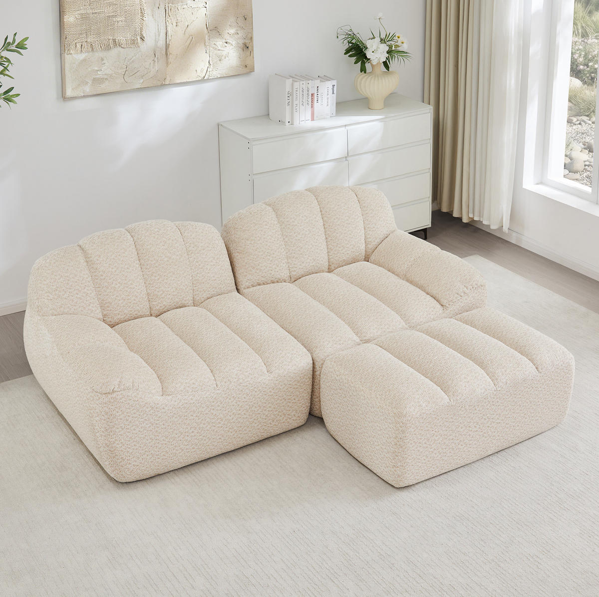 WOHNLANDSCHAFT aus granuliertem Fleece Beige-Weiß mit Ottoman, L-Form und 2-Sitzer-Funktion - Beige, Textil (210/79/165cm) - Modfu
