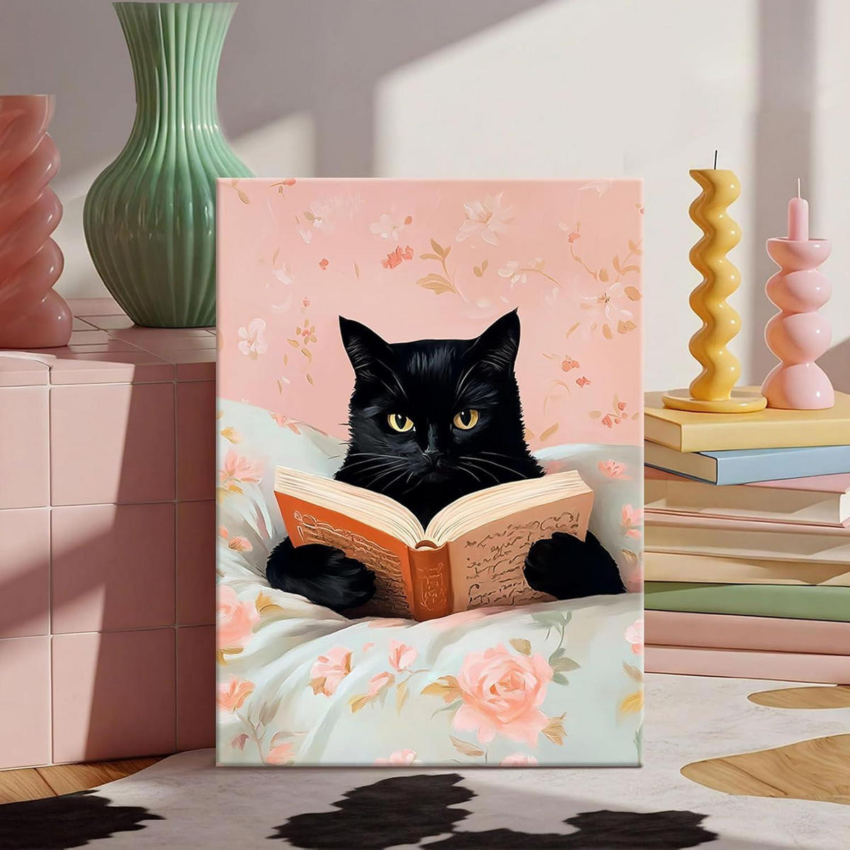 LEINWANDBILD Schwarze Katze mit Buch 30 x 40 cm - Schwarz, Textil (40/0.5cm)