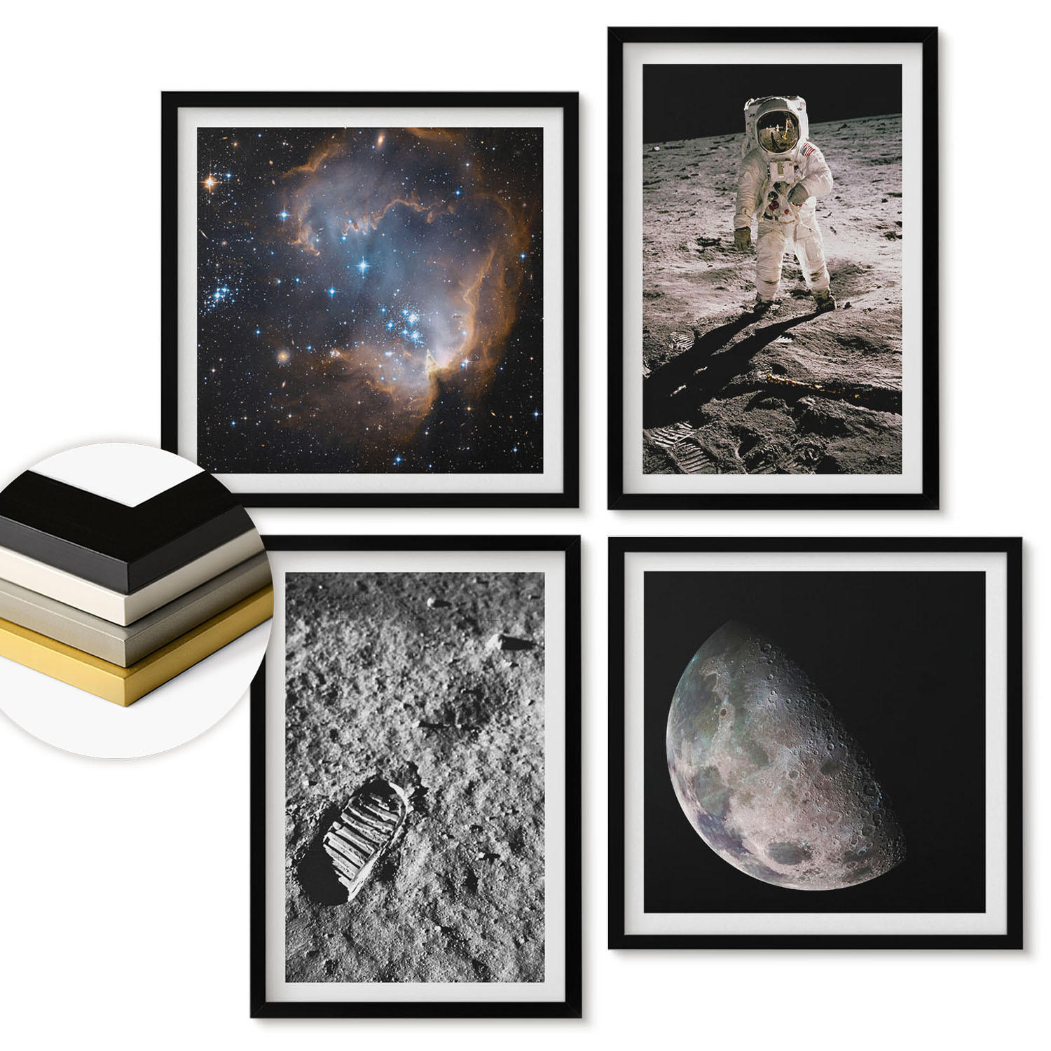 WANDBILDER 4er-Set - 50x50 cm & 40x60 cm Schwarzer Rahmen - Astronautenfoto vom Mond - Schwarz, Kunststoff (50/50cm) - ArtPrintCave