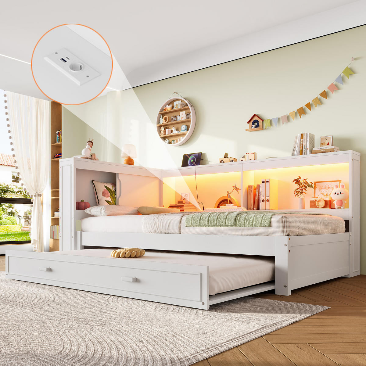 SCHLAFSOFA 90/200 cm & 90/190 cm in Weiß mit Ausziehbett, LED und USB - Weiß, Holz/Holzwerkstoff (90/200cm) - WISHDOR
