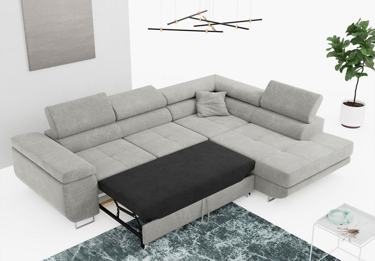 ROHOVÁ SEDAČKA GUSTAW L - Světle šedá Strukturovaná látka - Pravá Strana - stříbrná/světle šedá, kov/textil (205/275cm) - MKS