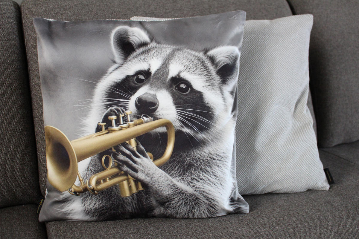 KISSENHÜLLE WASCHBÄR BILL Trompete - Hellgrau, Textil (45/45cm) - Yve! decoration