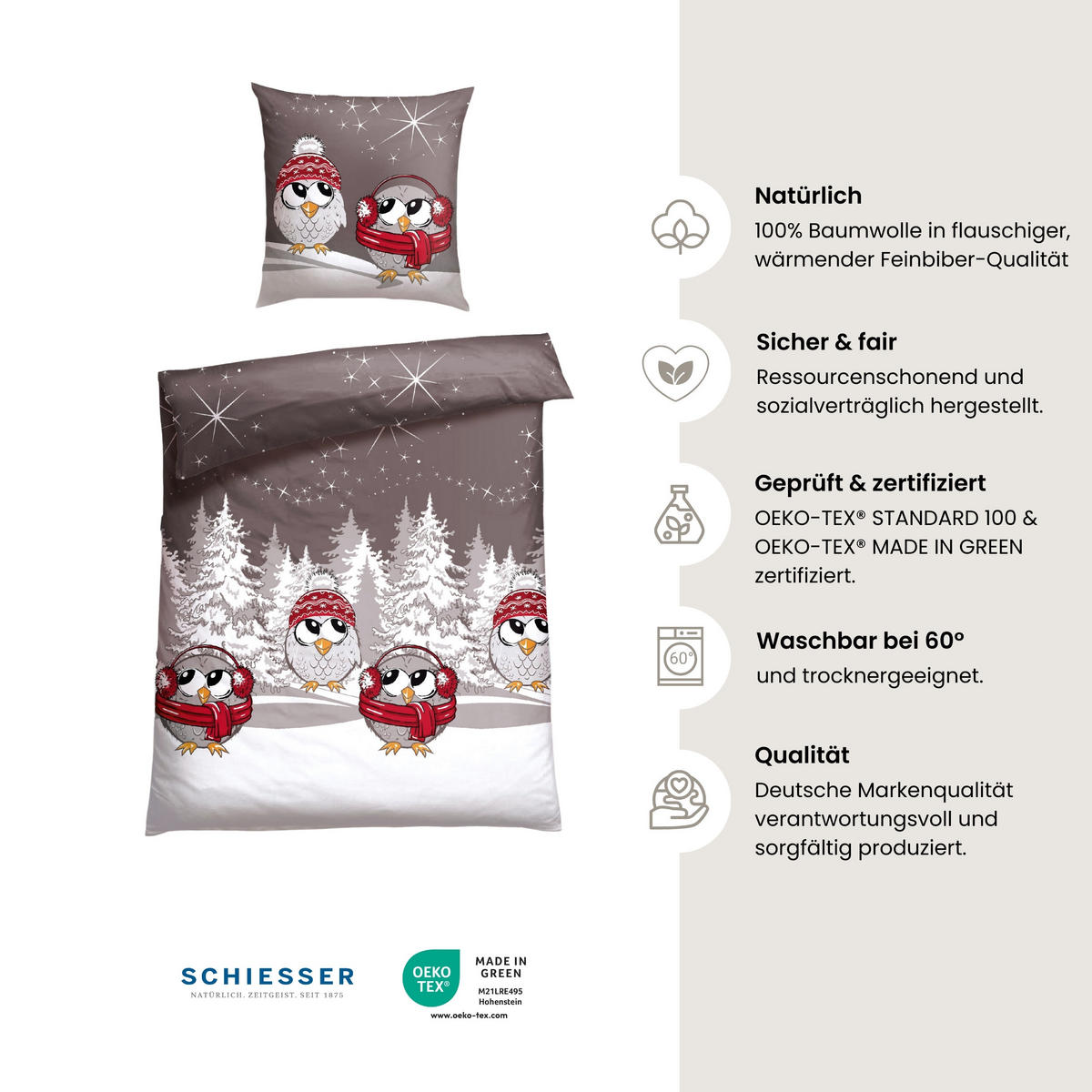 BETTWÄSCHESET Olsona - Feinbiber - 2-teilig - 155 x 220 cm - Grau - Grau, Textil (155/220cm) - SCHIESSER