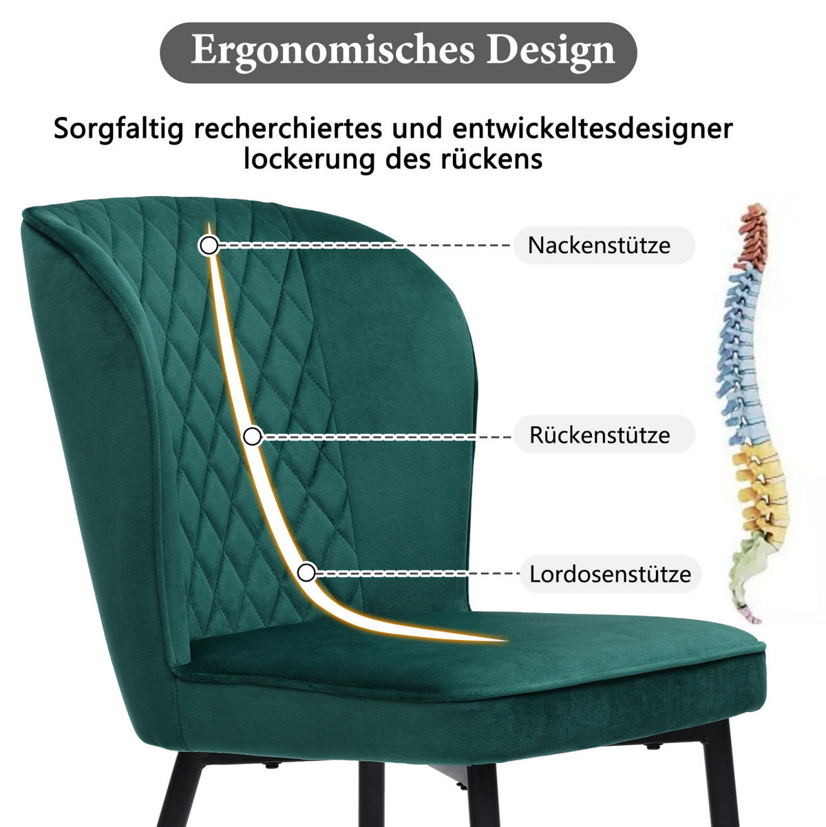 ESSZIMMERSTUHL ergonomisch Samt Grün 6er-Set - Grün, Metall (43/86/47.2cm) - Meubliv