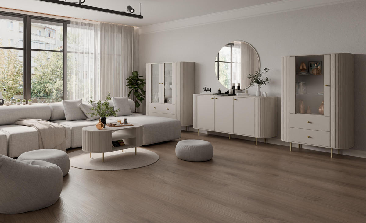 COUCHTISCH Halay Beige, Moderne Rillenstruktur 100 cm, mit runden Kanten - Beige/Goldfarben, Holzwerkstoff/Metall (45/100/52cm) - AX Living