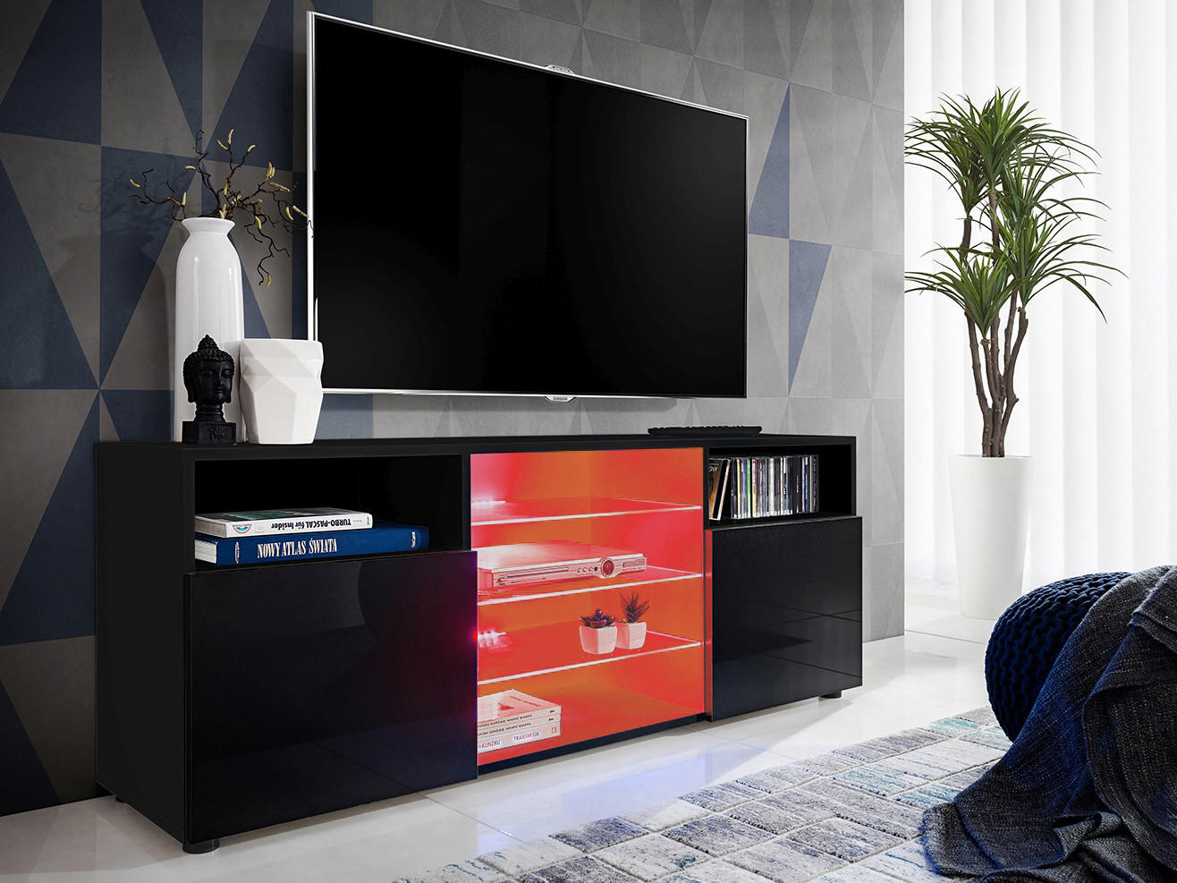 SIDEBOARD TV URBINO Black, LED Beleuchtung Mehrfarbige - Schwarz, Glas/Holzwerkstoff (140/53/35cm) - Komodee