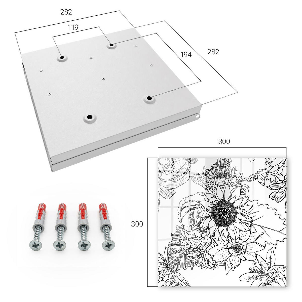 SCHLÜSSELBOX Weiß 30x30 cm – Türöffnung nach rechts - Weiß-weiße Blüten - Multicolor, Metall (30/30/5cm) - TULUP