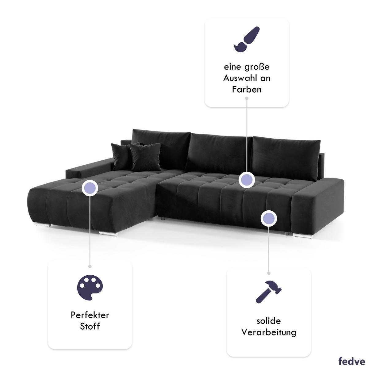 ECKSOFA mit Schlaffunktion Dhaka L, Schwarz - Schwarz, Textil (185/265cm) - Fedve