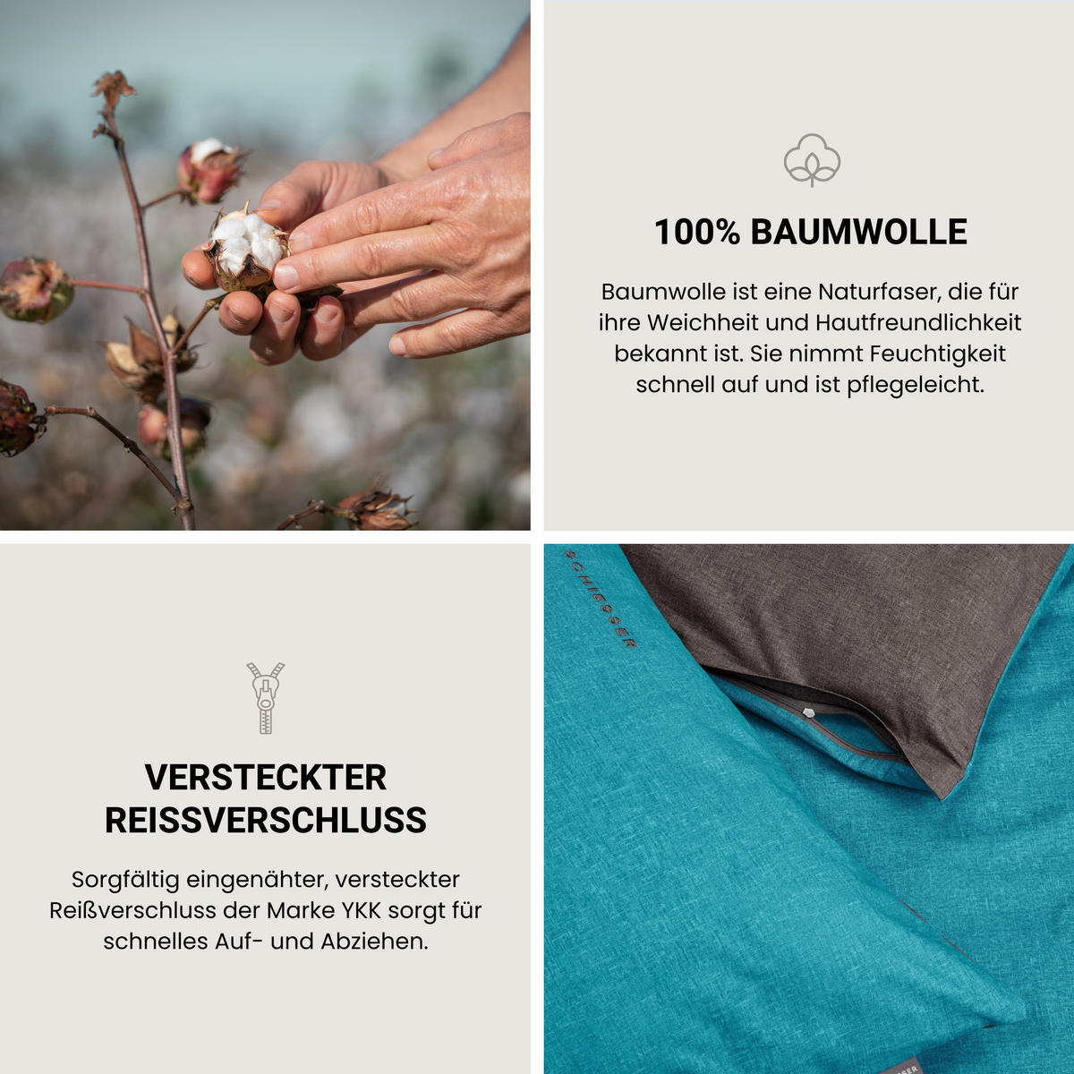 BETTWÄSCHESET Doubleface - Renforcé - 2-teilig - 155 x 220 cm - Türkis-Dunkelgrau - Türkis/Dunkelgrau, Textil (155/220cm) - SCHIESSER