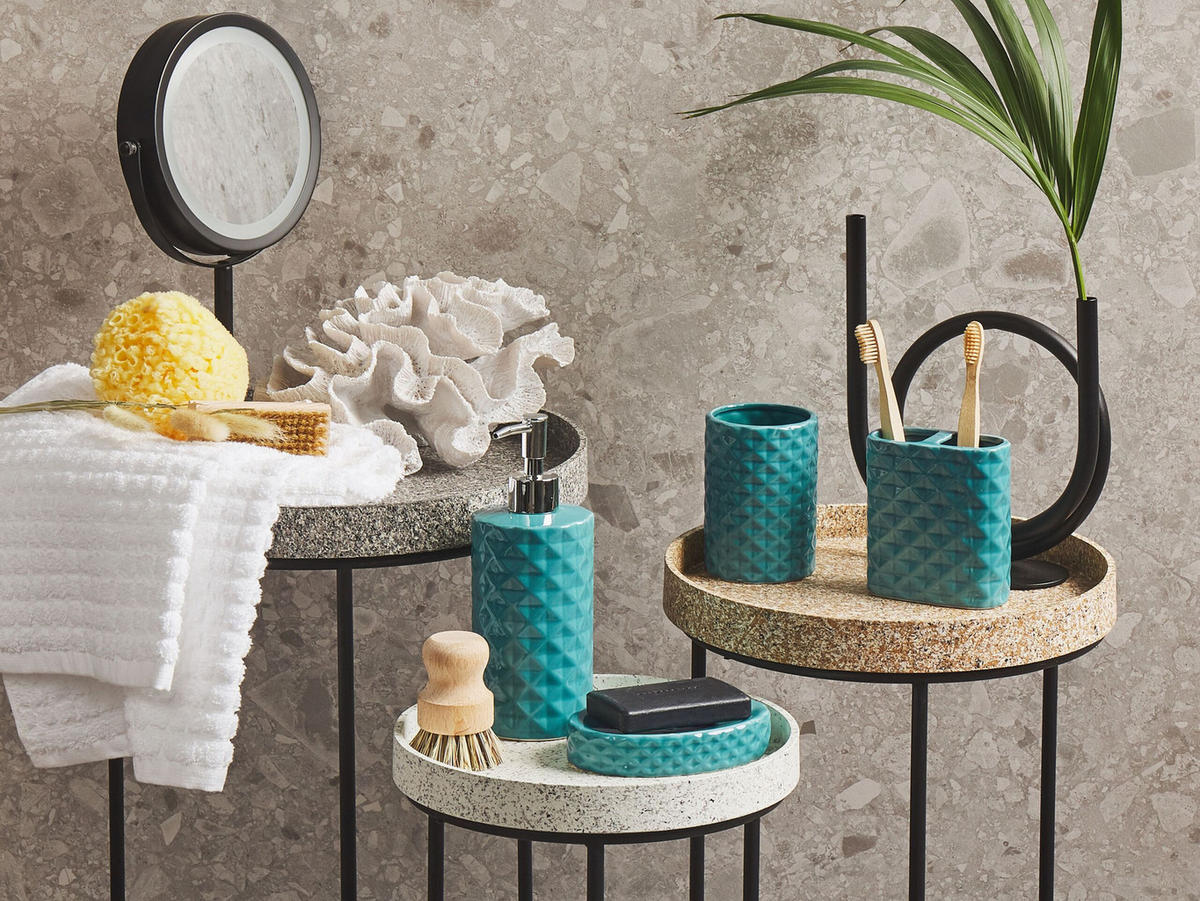 BADEZIMMER Set 4-teilig Keramik türkis Guatire - Blau, Stein (9/21/9cm) - Beliani